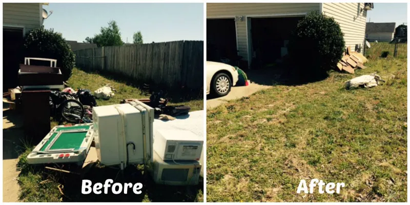 Before and after of a real Careful Movers junk removal job — a cleared garage and yard