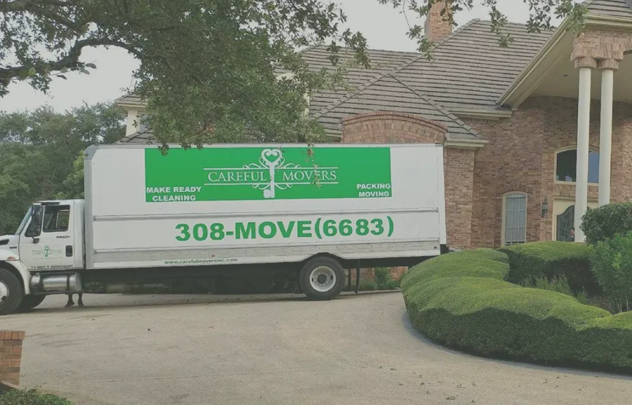 A Careful Movers truck backed up to a customer's home in San Antonio